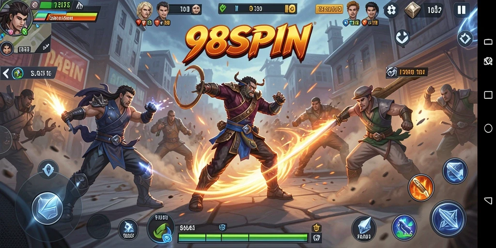 Screenshot utama 98SPIN menampilkan pertarungan karakter yang penuh aksi.
